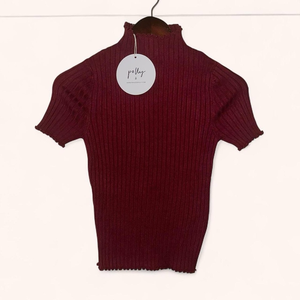 Princess Polly Wine Red Ribbed Cropped Turtleneck Top